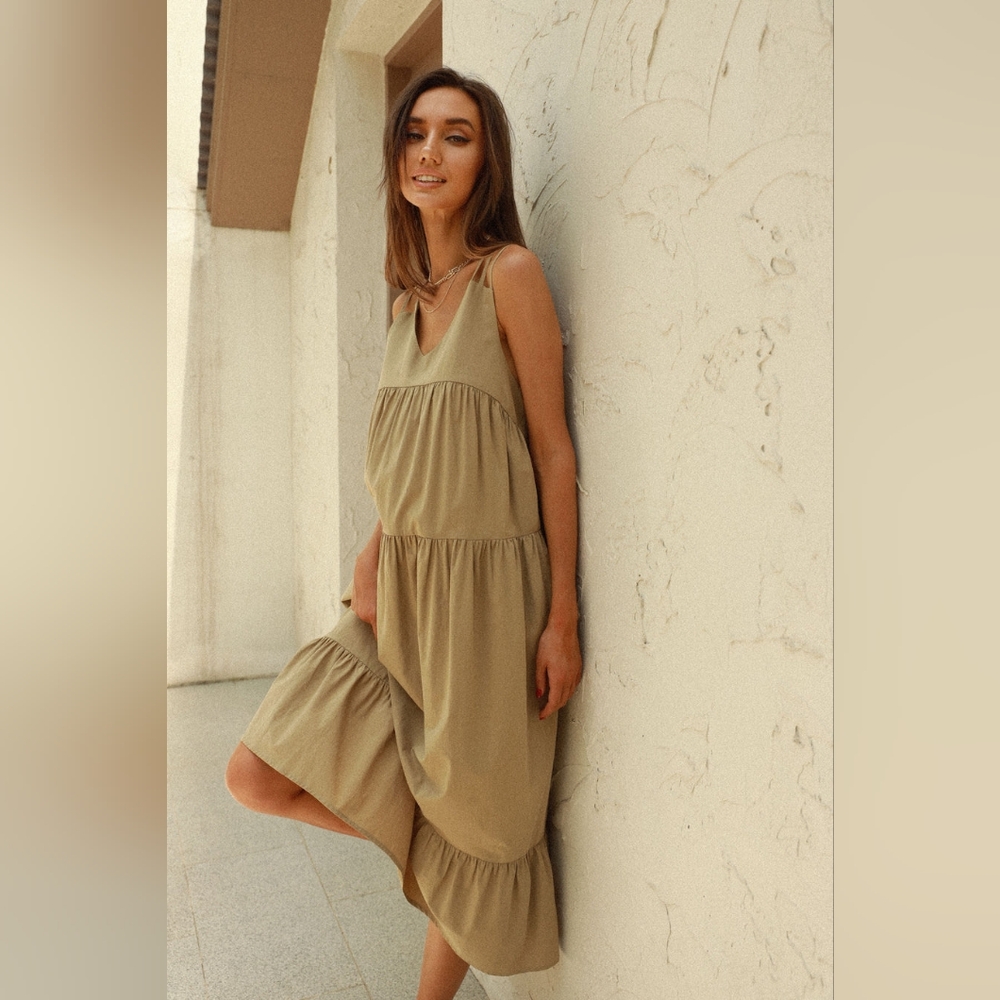 NWT - Lyocell Cotton Frieeah Khaki Cross-Back Midi Sundress - Size L